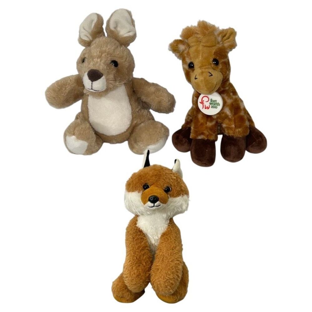 Lot / 3 Petting Zoo Kangaroo Giraffe & Red Fox 10" Stuffed Animal Plush Toy Rare